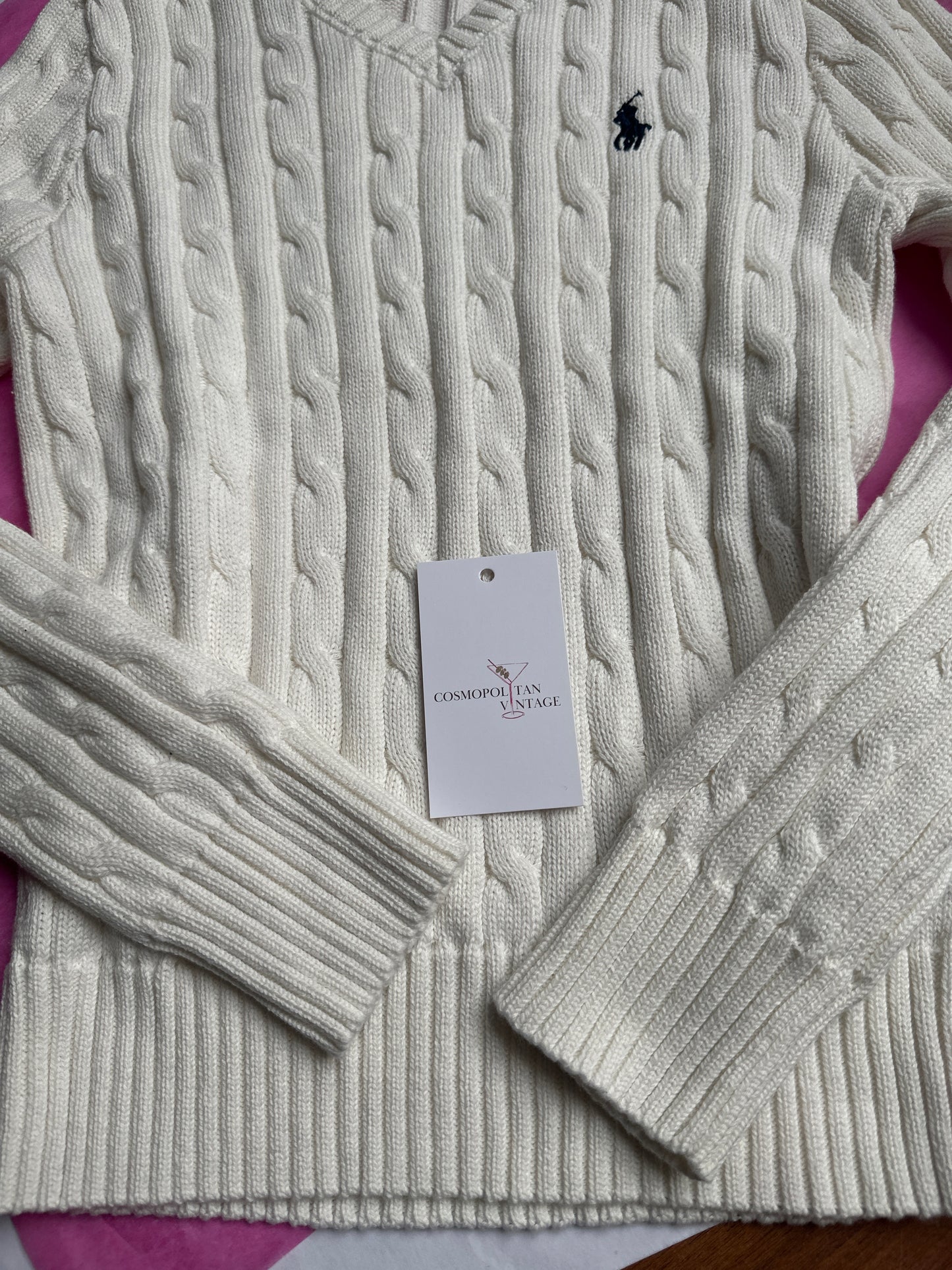 Ralph Lauren White Cable Knit V-Neck Sweater