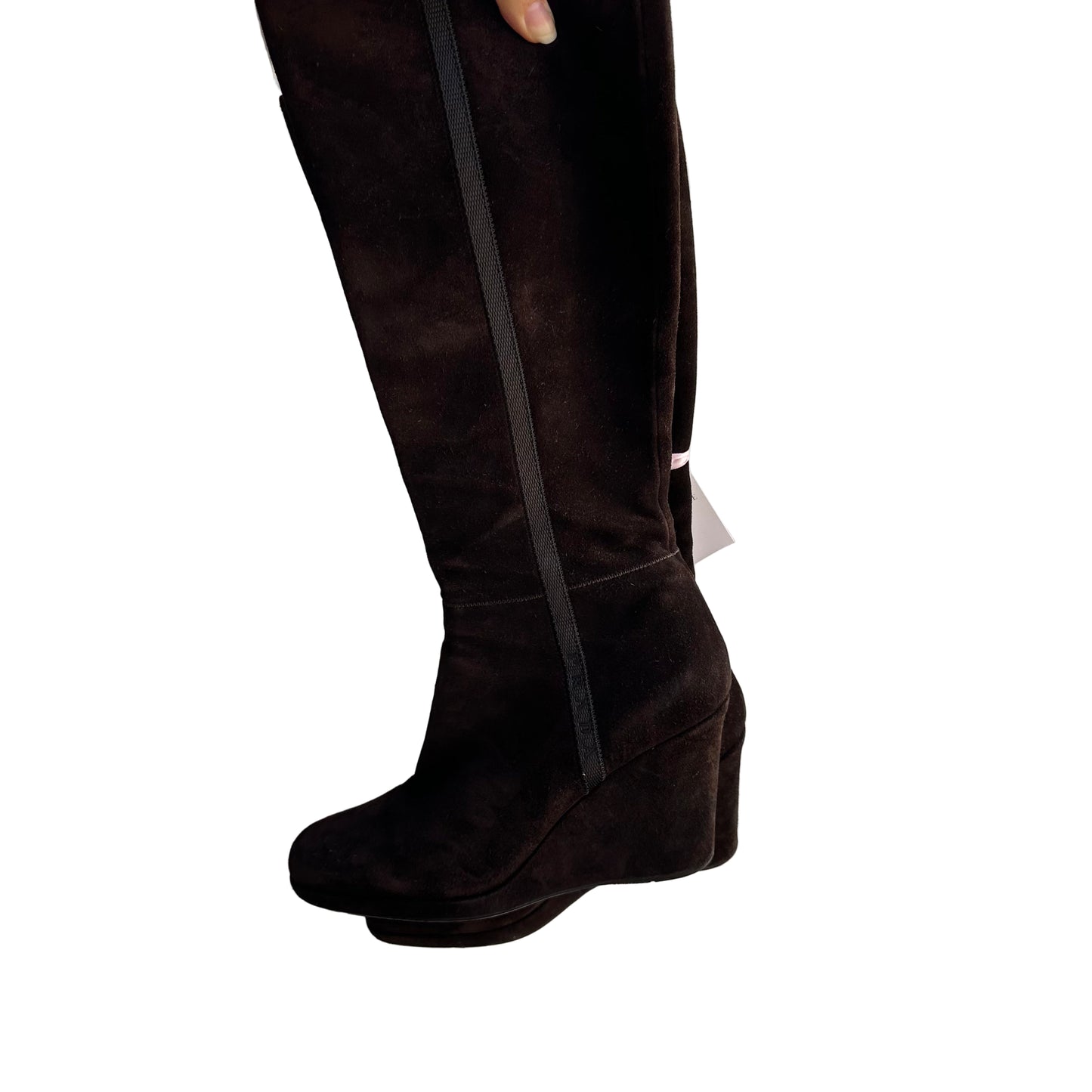 prada chocolate brown suede wedge heel boots (41)