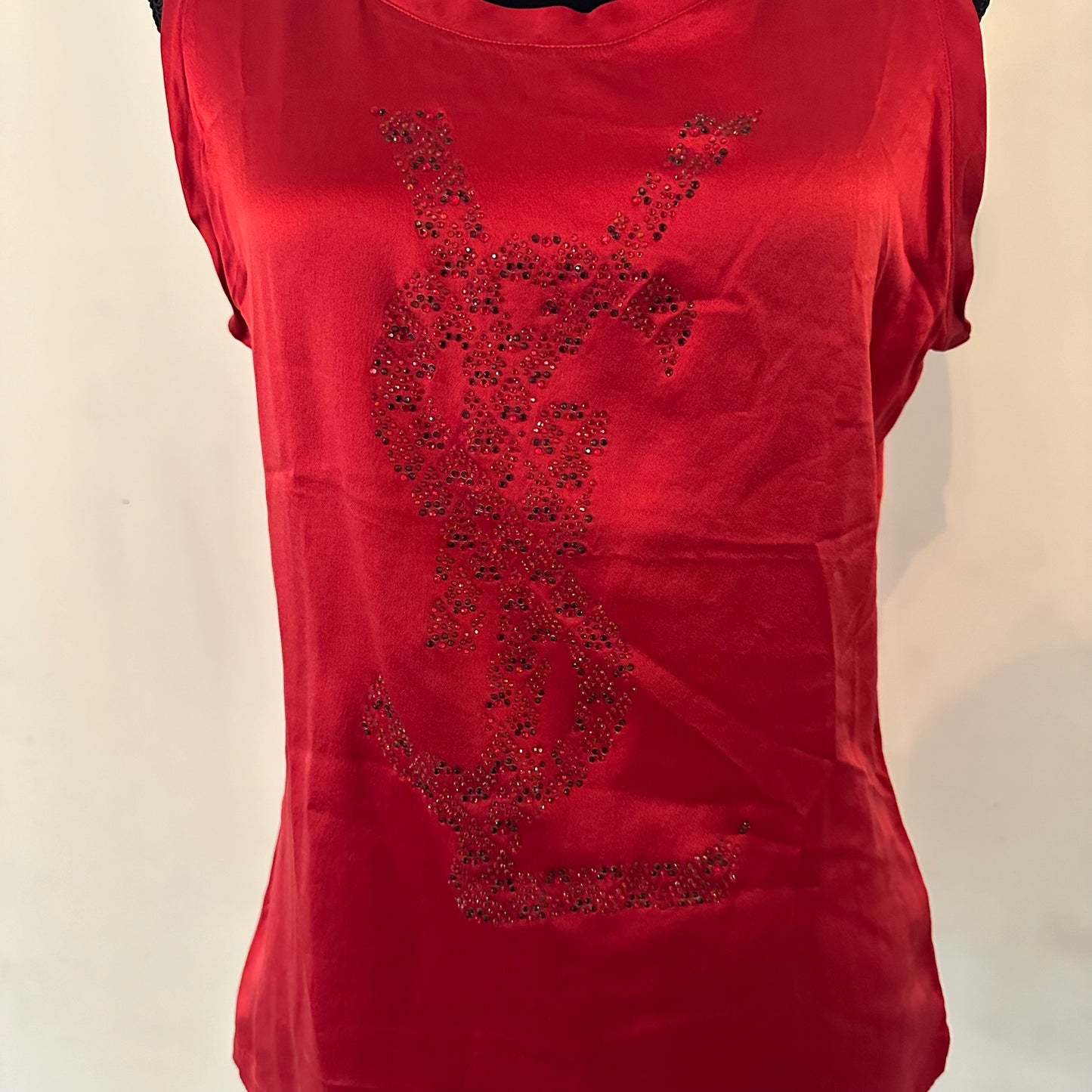Yves Saint Laurent Rive Gauche 100% Silk Red Logo Sequin Top