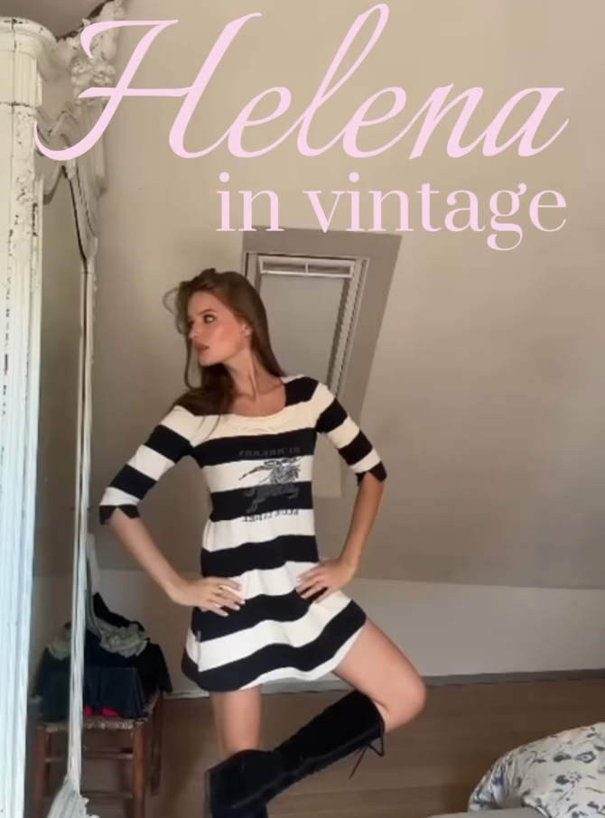 Woman wearing a black and white striped dress with 'Helena in vintage' text above.
