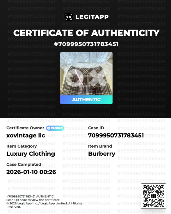 LegitAPP certificate of authenticity for a Burberry item with a QR code on a black background.
