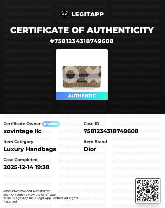 Dior handbag certificate of authenticity with brand logo and authentication details.