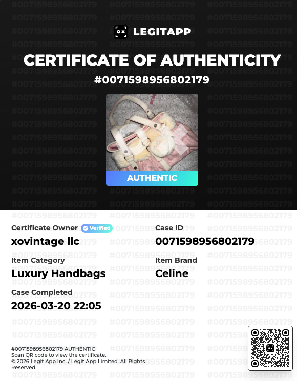 Certificate of Authenticity for a Celine handbag with visible branding and details.