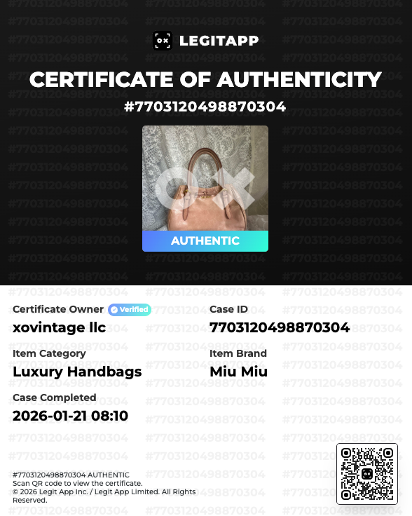 Certificate of Authenticity for a Miu Miu handbag with a QR code on a black background.