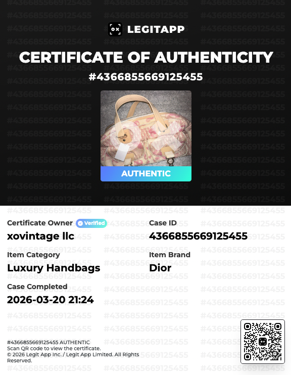 Certificate of Authenticity for a Dior handbag with product image and certification details.