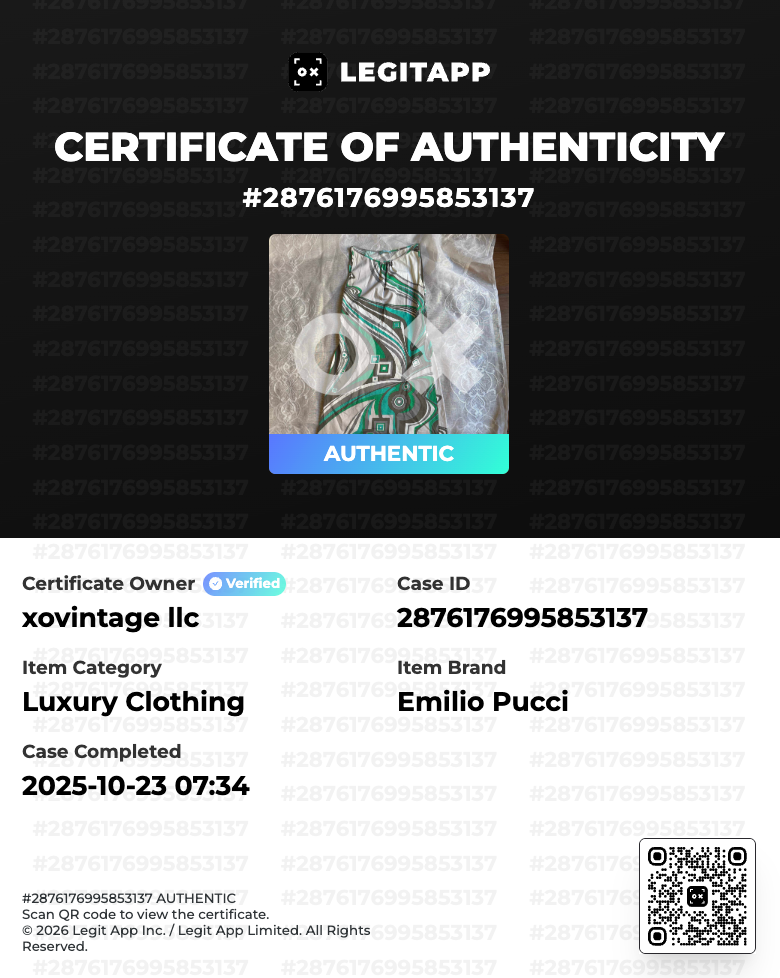 LegitApp certificate of authenticity for Emilio Pucci luxury clothing with QR code.