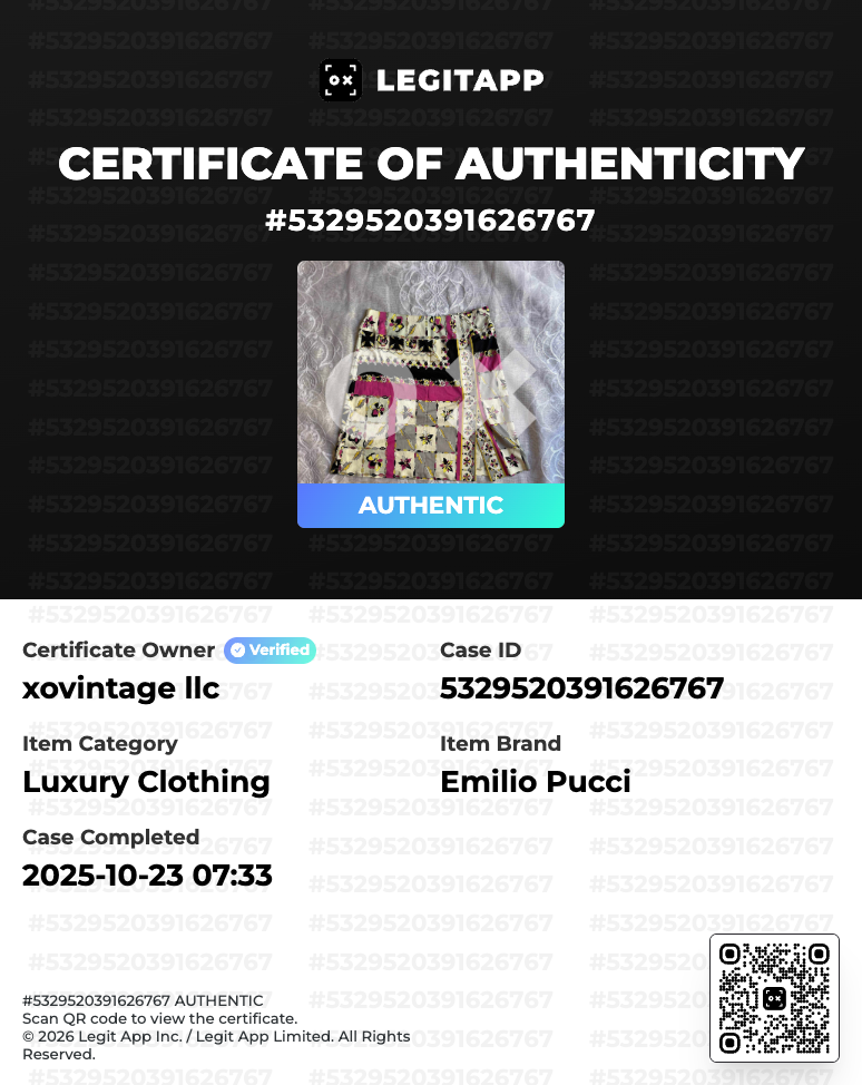 LegitAPP certificate of authenticity for Emilio Pucci luxury clothing with QR code.
