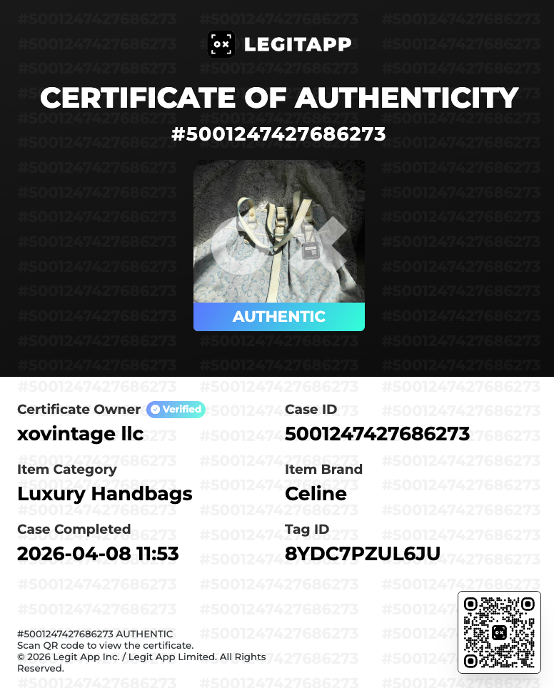 Certificate of Authenticity for a Celine luxury handbag using the LegitApp platform.