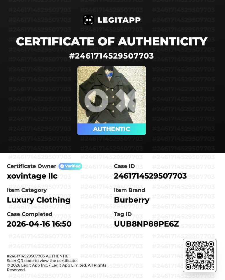 LegitAPP certificate of authenticity for a Burberry item with a QR code.