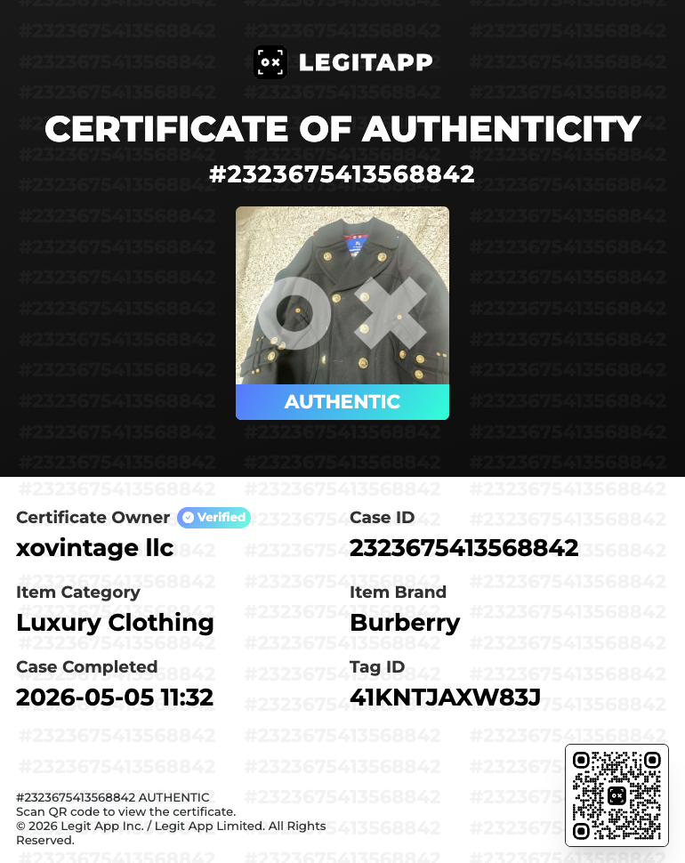 LegitAPP certificate of authenticity for a Burberry item with a black background.