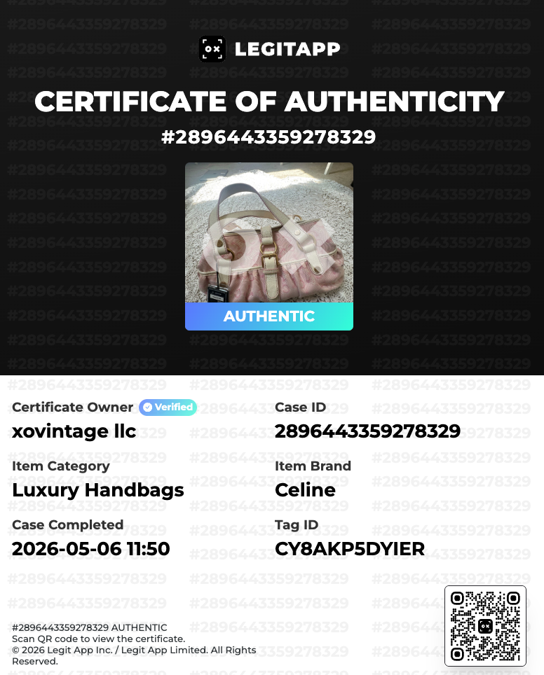LegitAPP certificate of authenticity for a celine item with a black background.