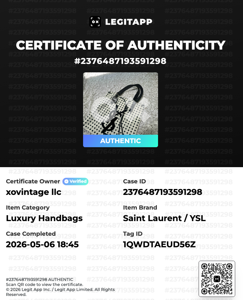 LegitAPP certificate of authenticity for a YSL item with a black background.