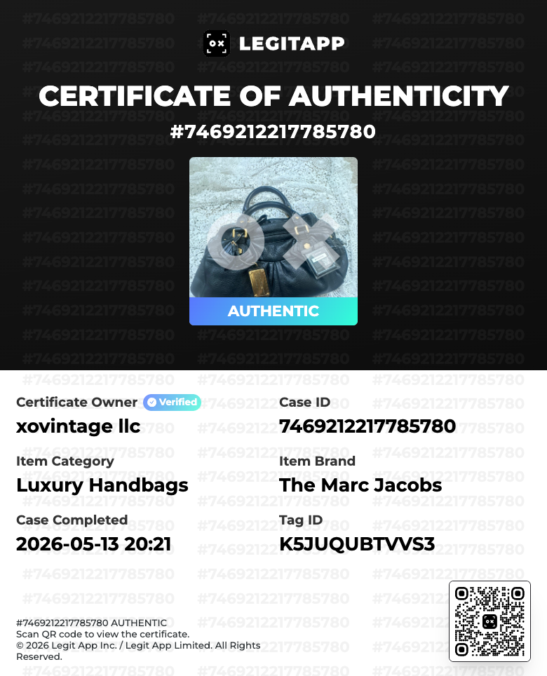 Certificate of Authenticity for a Marc Jacobs handbag with a visible QR code.