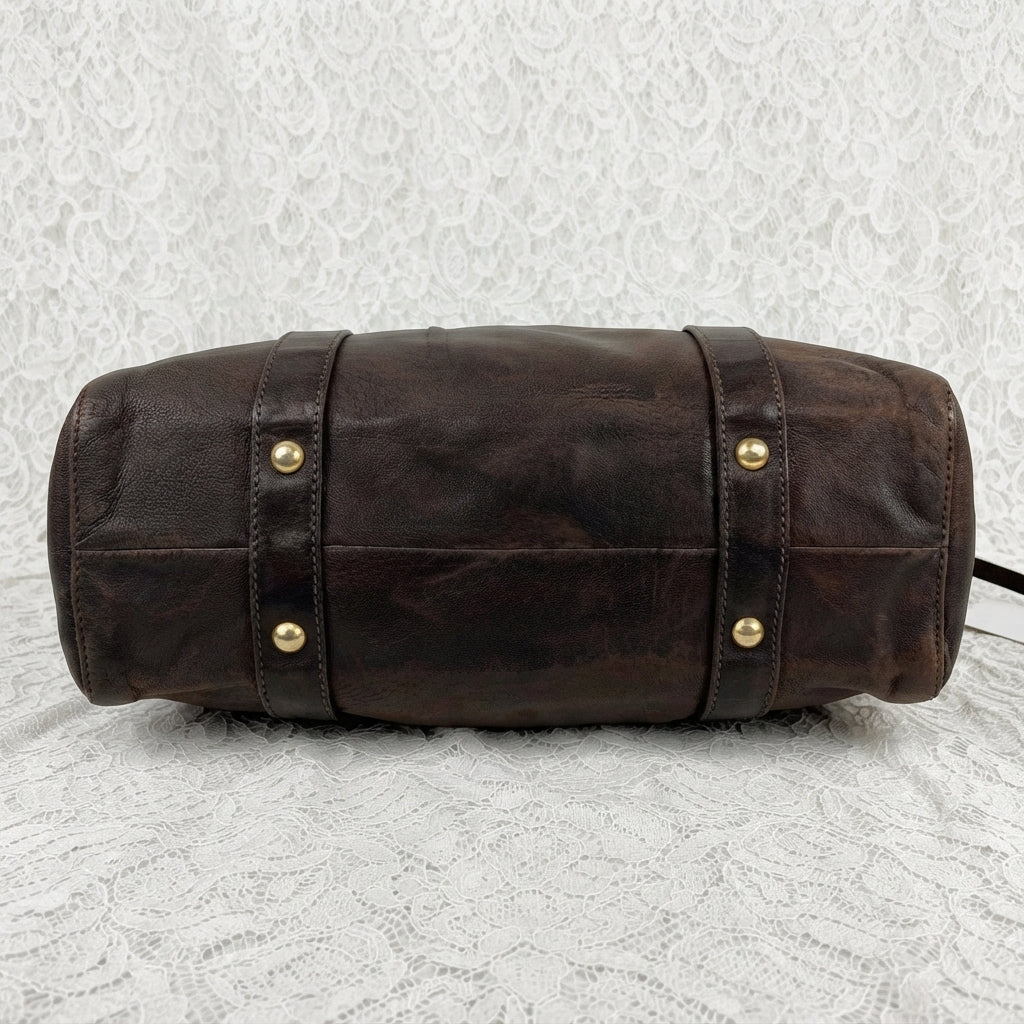MIU MIU VINTAGE DARK BROWN LEATHER RUCHED VITELLO BAG