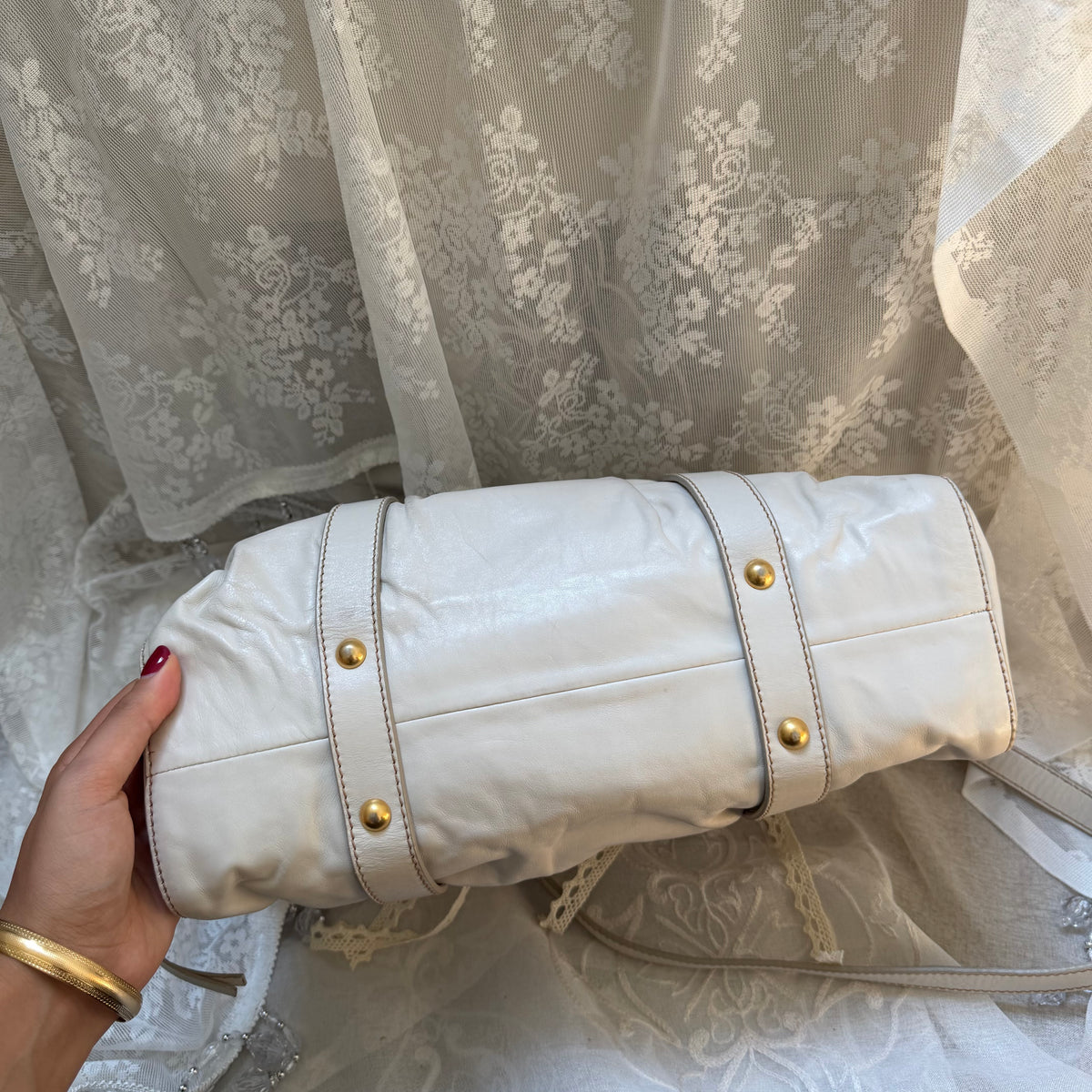 xovintage VINTAGE MIU MIU IVORY LEATHER RUCHED VITELLO BAG - Handbags