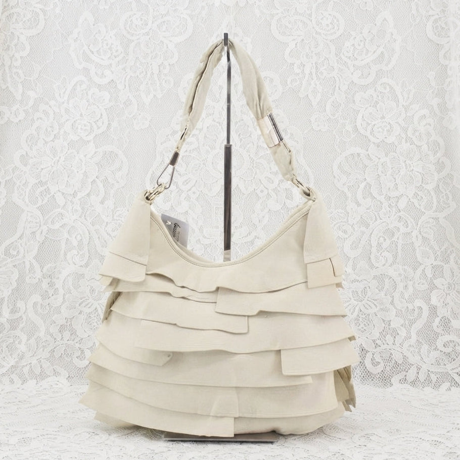 YVES SAINT LAURENT VINTAGE TIERED RUFFLE LEATHER IVORY ST. TROPEZ MOMBASA SHOULDER BAG
