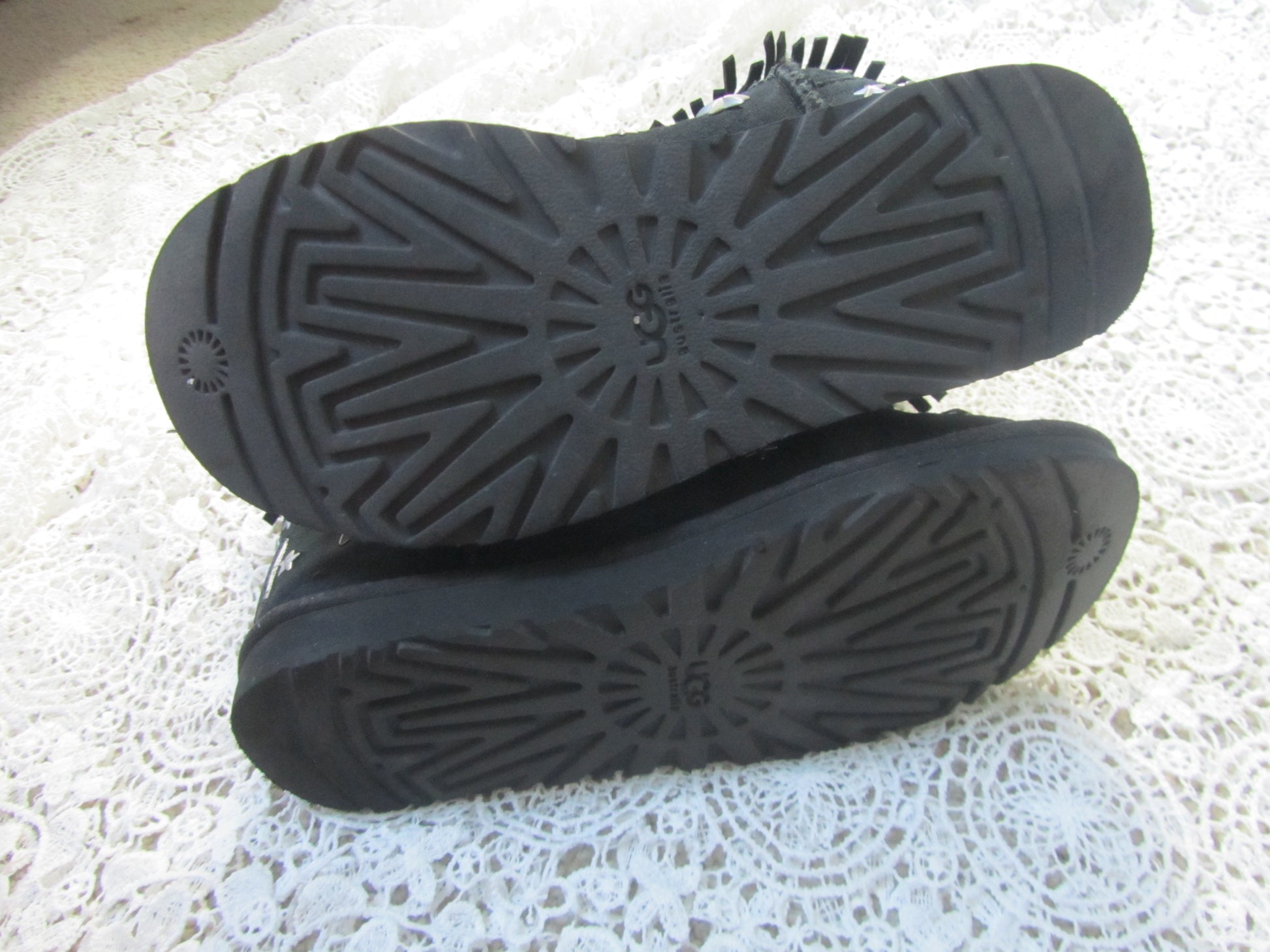Black UGG boots with sole pattern on a textured white surface