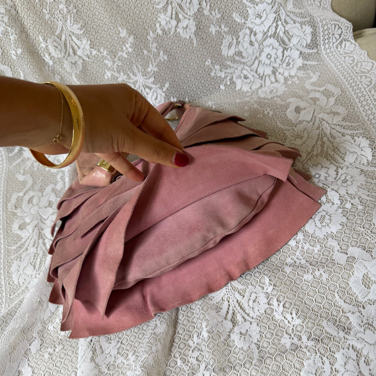 xovintage YVES SAINT LAURENT VINTAGE TIERED RUFFLE SUEDE ST. TROPEZ MOMBASA SHOULDER BAG IN DUSTY PINK - Handbags