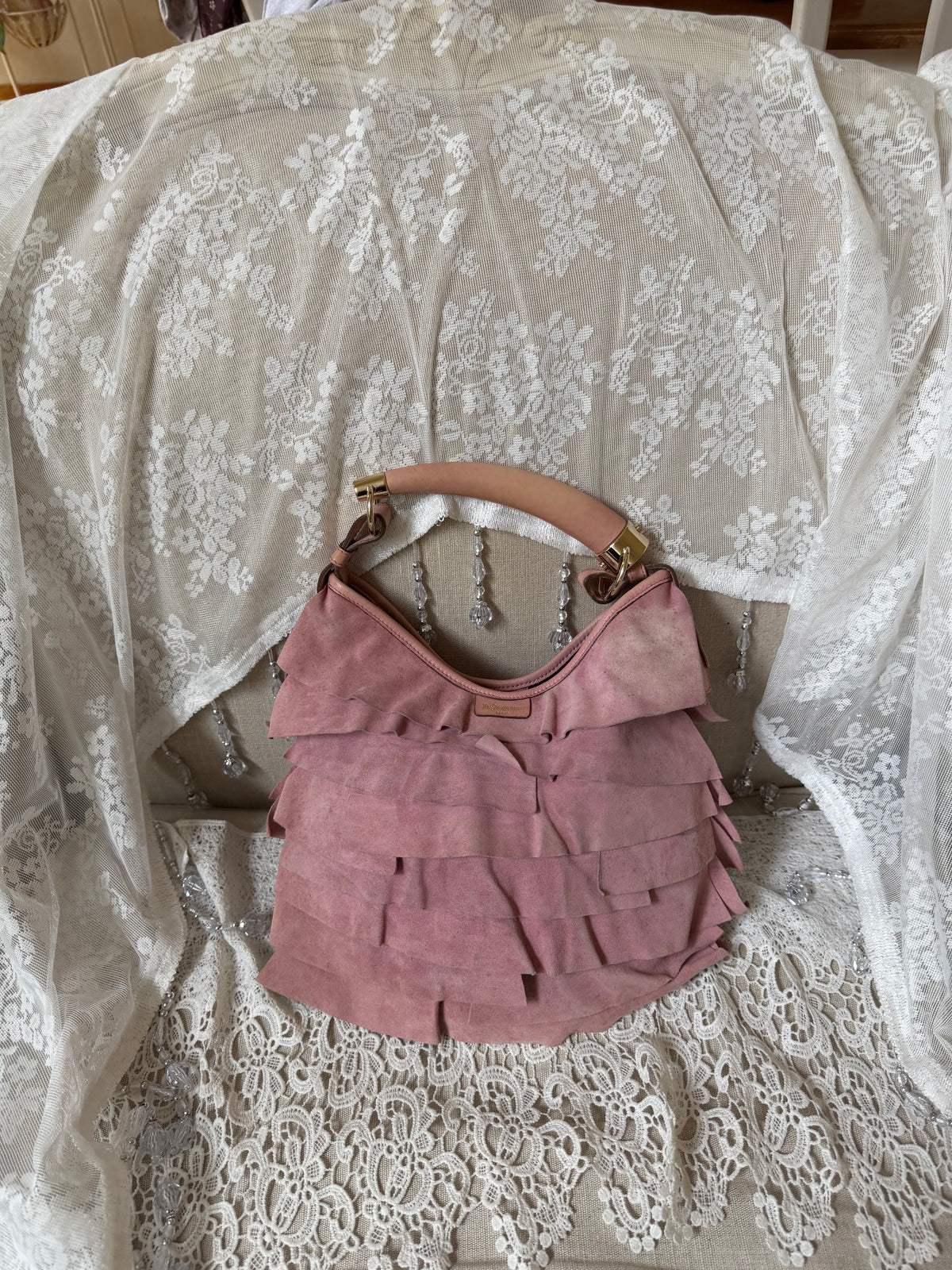 xovintage VINTAGE YVES SAINT LAURENT RARE TIERED RUFFLE SUEDE ST. TROPEZ MOMBASA SHOULDER BAG IN DUSTY PINK - Handbags