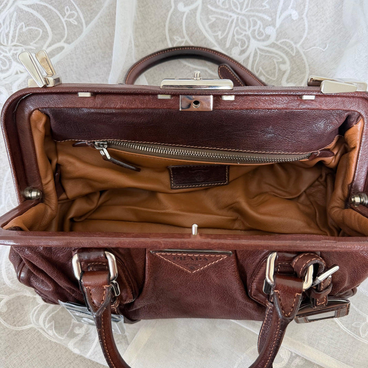 xovintage Prada Chocolate Brown Vintage Leather Frame Satchel - Handbags