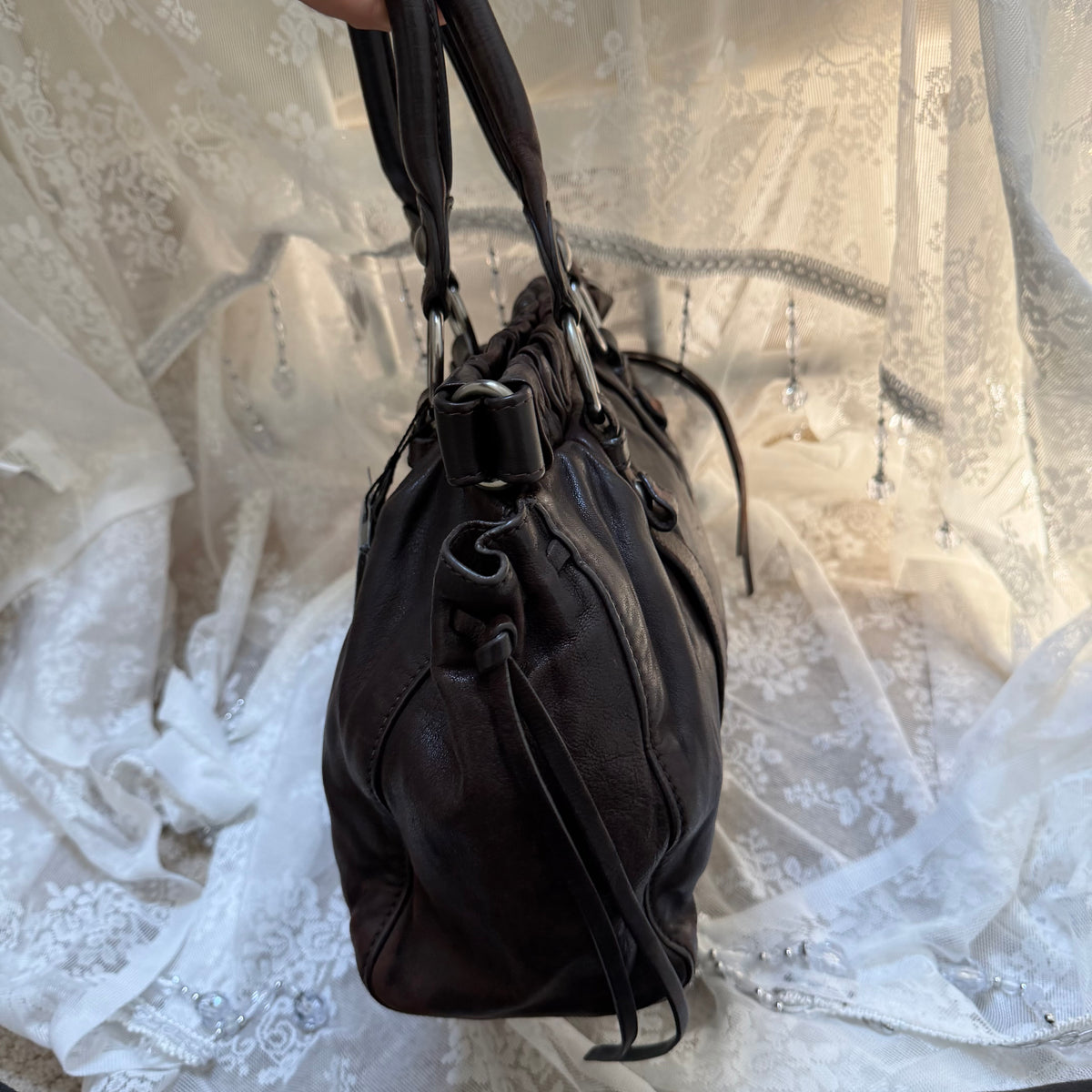 miu miu dark chocolate vintage vitello lux ruched bag