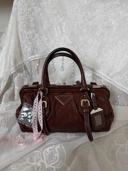 xovintage Prada Chocolate Brown Vintage Leather Frame Satchel - Handbags