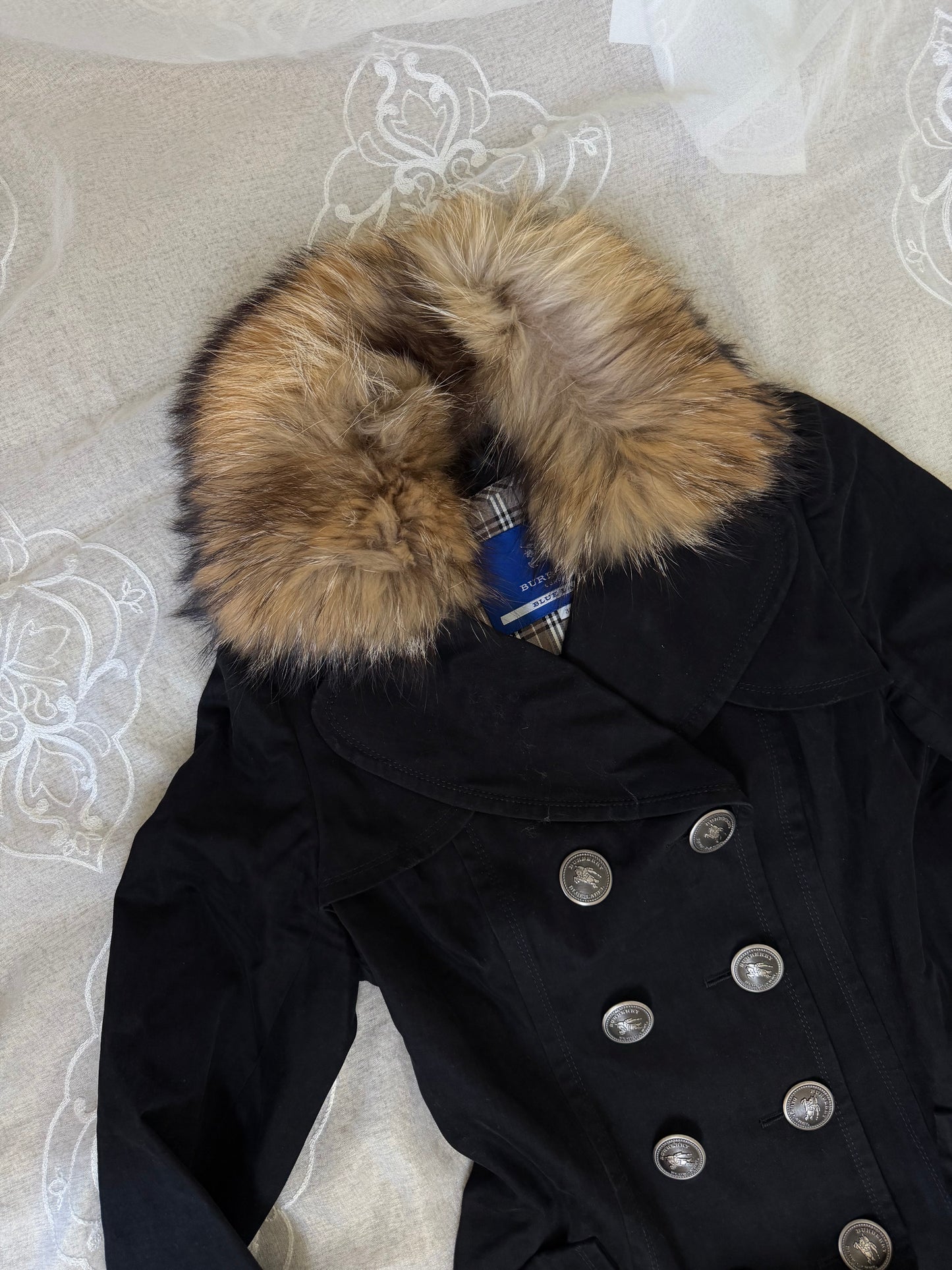 burberry blue label vintage black cotton pleated flirty coat (38,s)