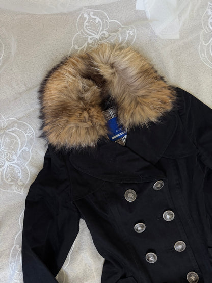 burberry blue label vintage black cotton pleated flirty coat (38,s)