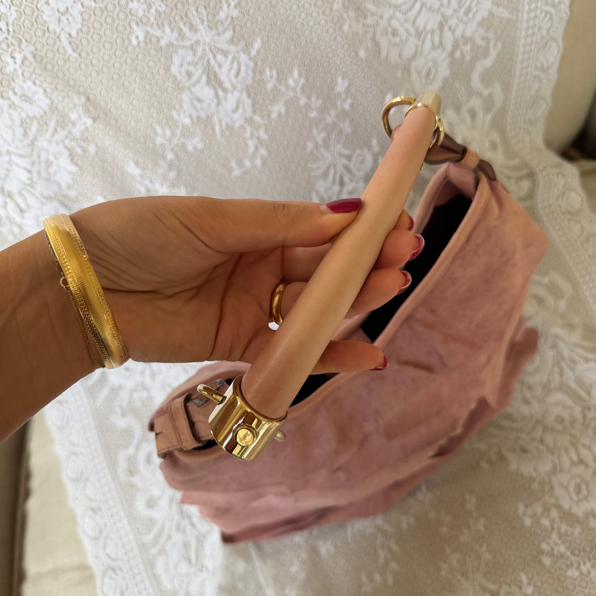 xovintage VINTAGE YVES SAINT LAURENT RARE TIERED RUFFLE SUEDE ST. TROPEZ MOMBASA SHOULDER BAG IN DUSTY PINK - Handbags