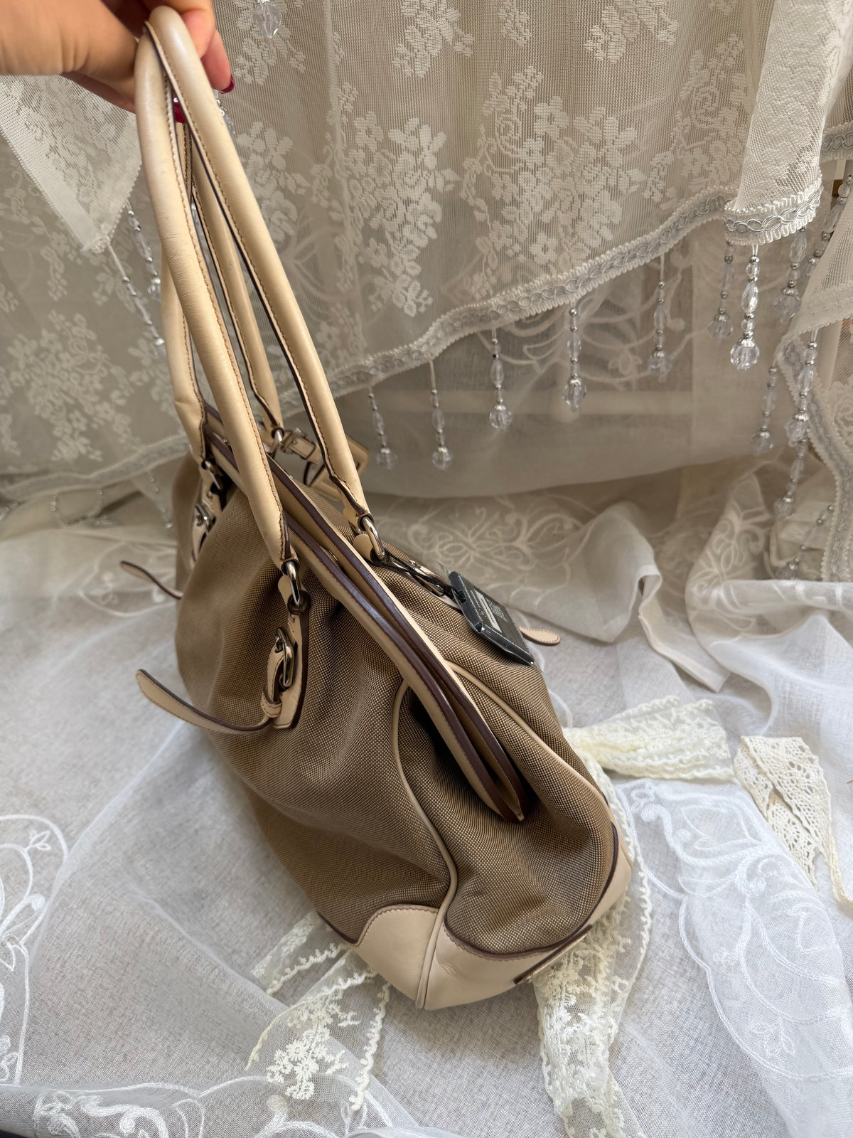 Prada VINTAGE Bianco Logo Jacquard Frame Satchel Bag