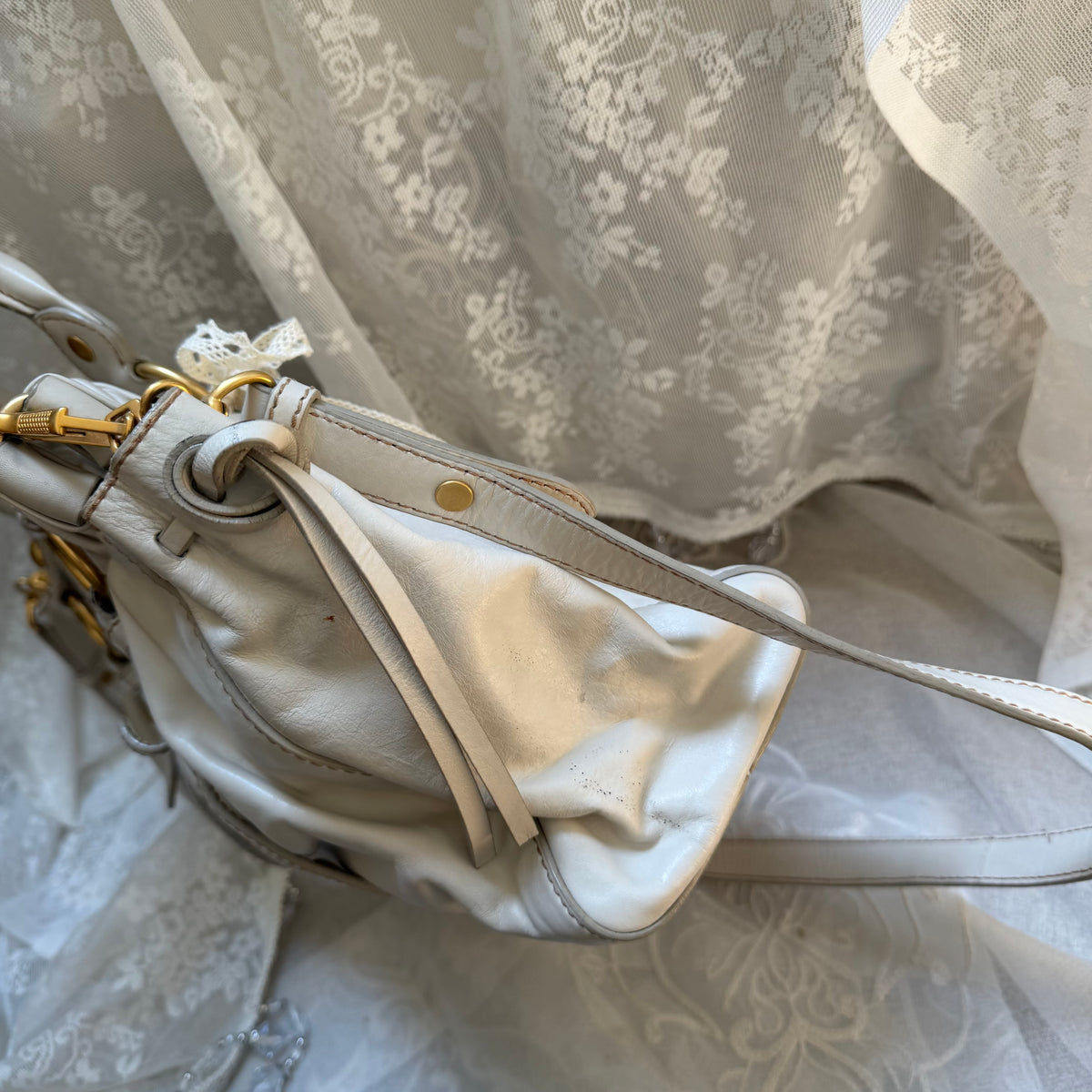 xovintage VINTAGE MIU MIU IVORY LEATHER RUCHED VITELLO BAG - Handbags