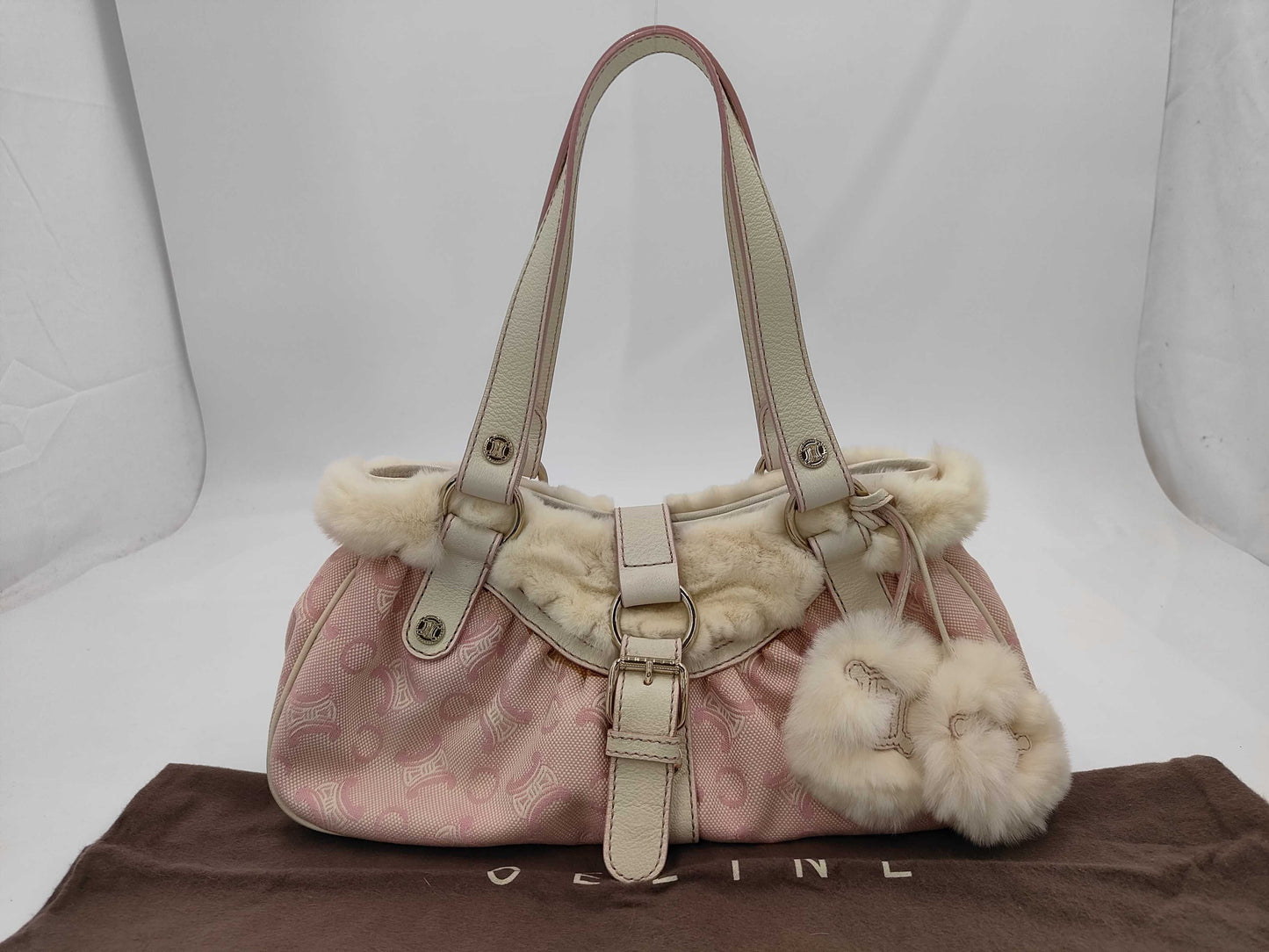 celine rare vintage fur-detailed lily c pompom pink bag + dust bag