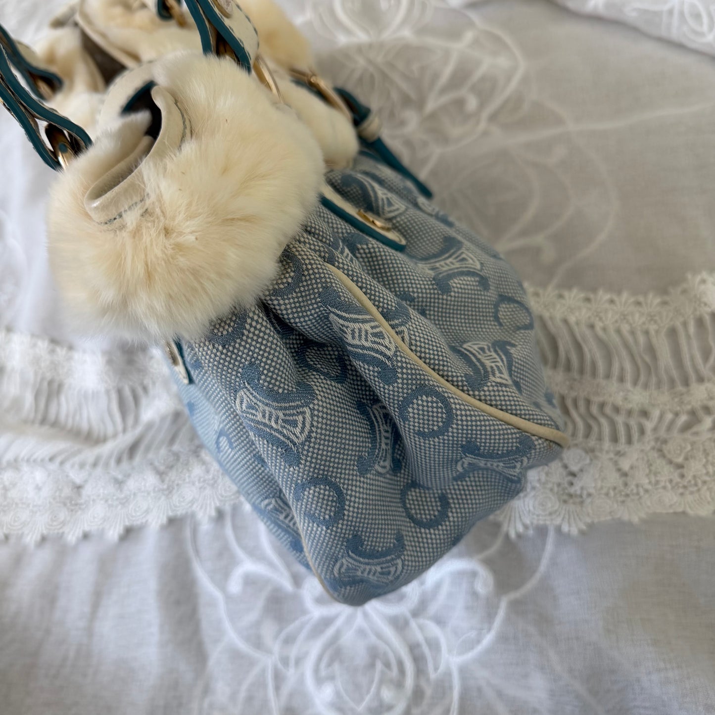 xovintage celine rare vintage fur-detailed lily c pompom blue bag - Handbags