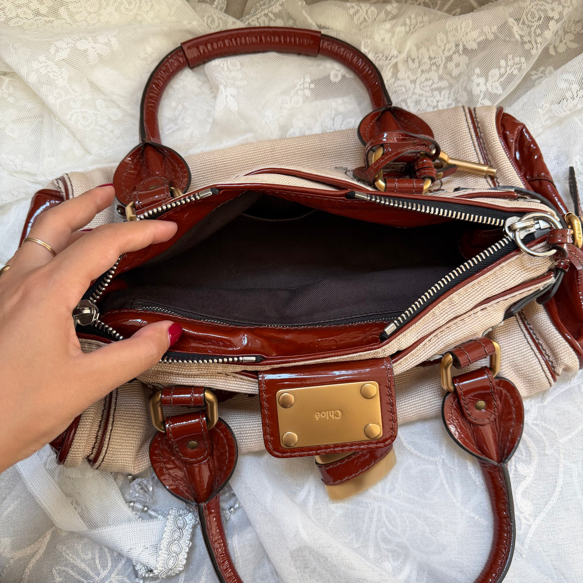 xovintage VINTAGE CHLOE PADDINGTON BAG IN BEIGE CANVAS X PATENT LEATHER - Handbags