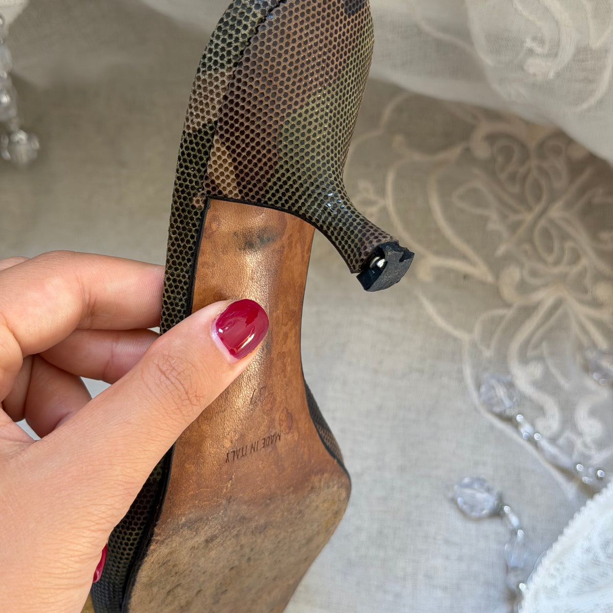 xovintage VINTAGE Christian Dior Camouflage Lizard-Embossed Padlock & Key HEELS - Shoes