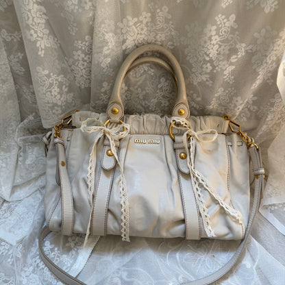 xovintage VINTAGE MIU MIU IVORY LEATHER RUCHED VITELLO BAG - Handbags