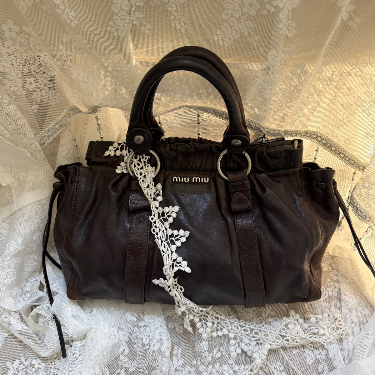 miu miu dark chocolate vintage vitello lux ruched bag