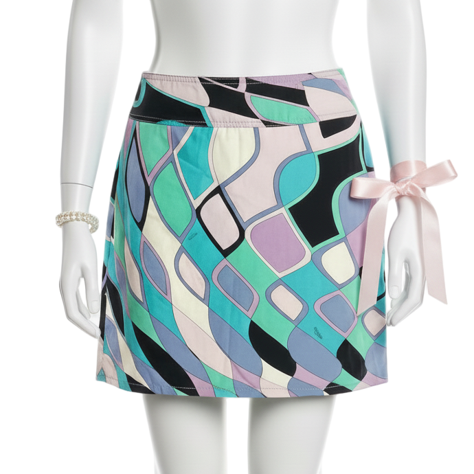 Colorful patterned skirt on a mannequin with a pink ribbon