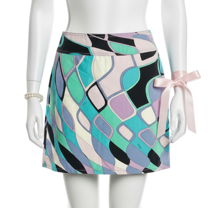 Colorful patterned skirt on a mannequin with a pink ribbon