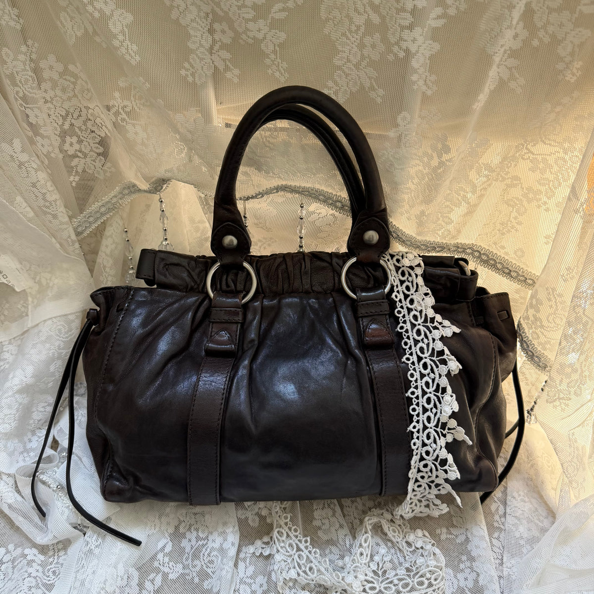 miu miu dark chocolate vintage vitello lux ruched bag