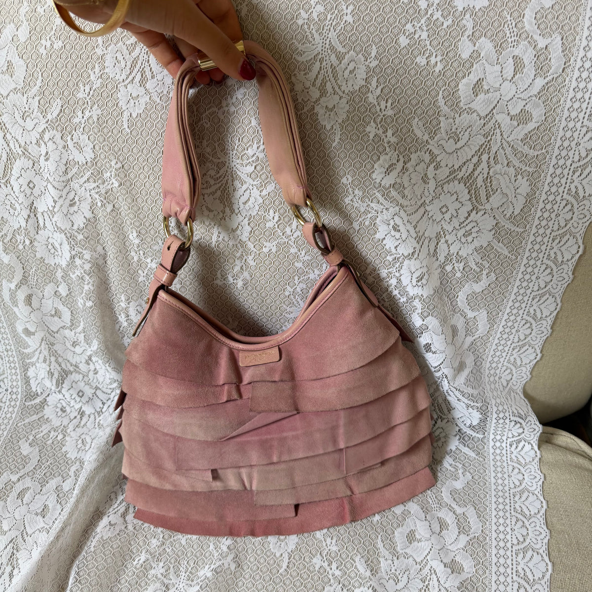 xovintage YVES SAINT LAURENT VINTAGE TIERED RUFFLE SUEDE ST. TROPEZ MOMBASA SHOULDER BAG IN DUSTY PINK - Handbags