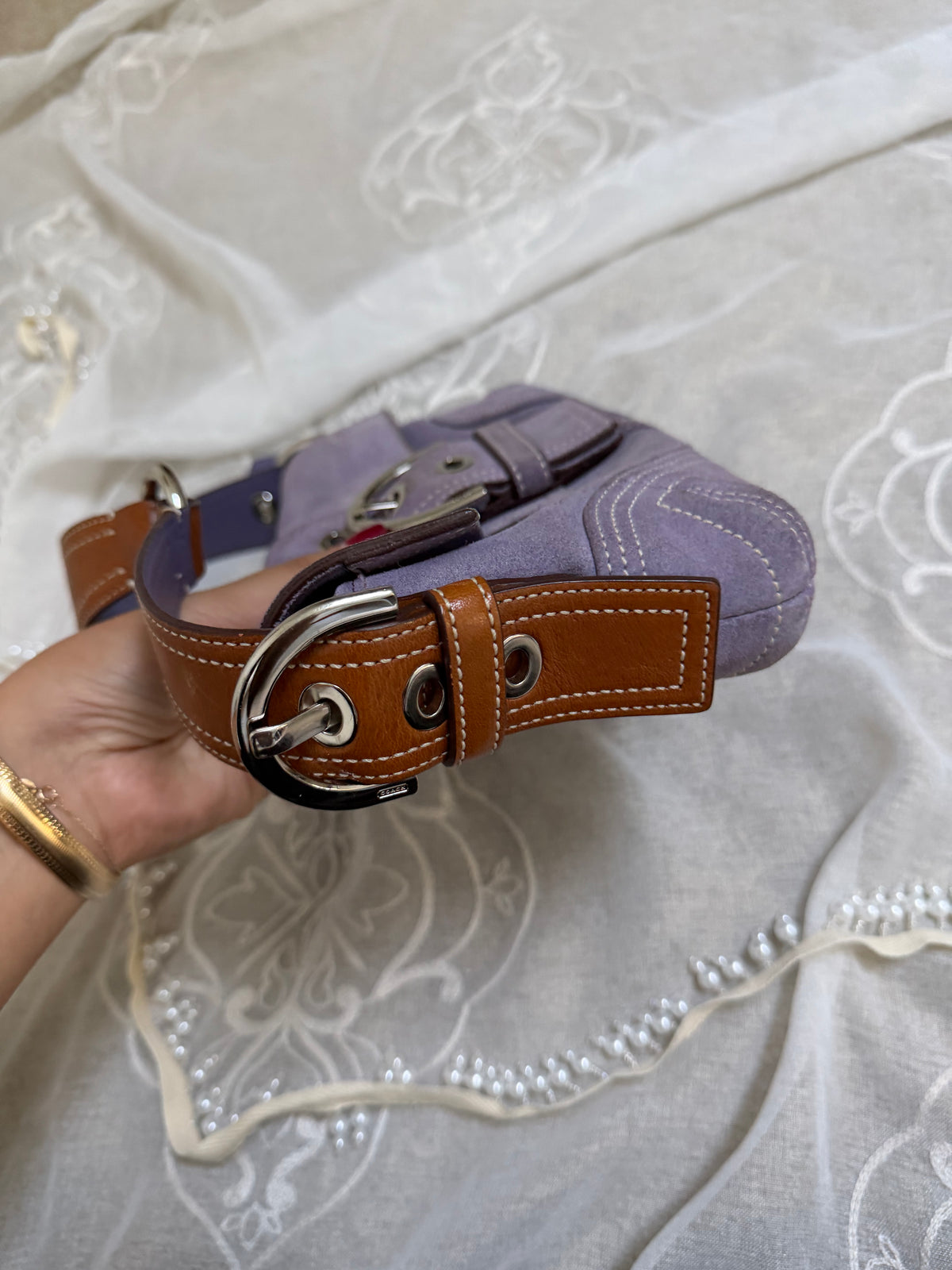 xovintage Vintage Coach Lavender Soho Suede Buckle Flap Shoulder Bag - Handbags