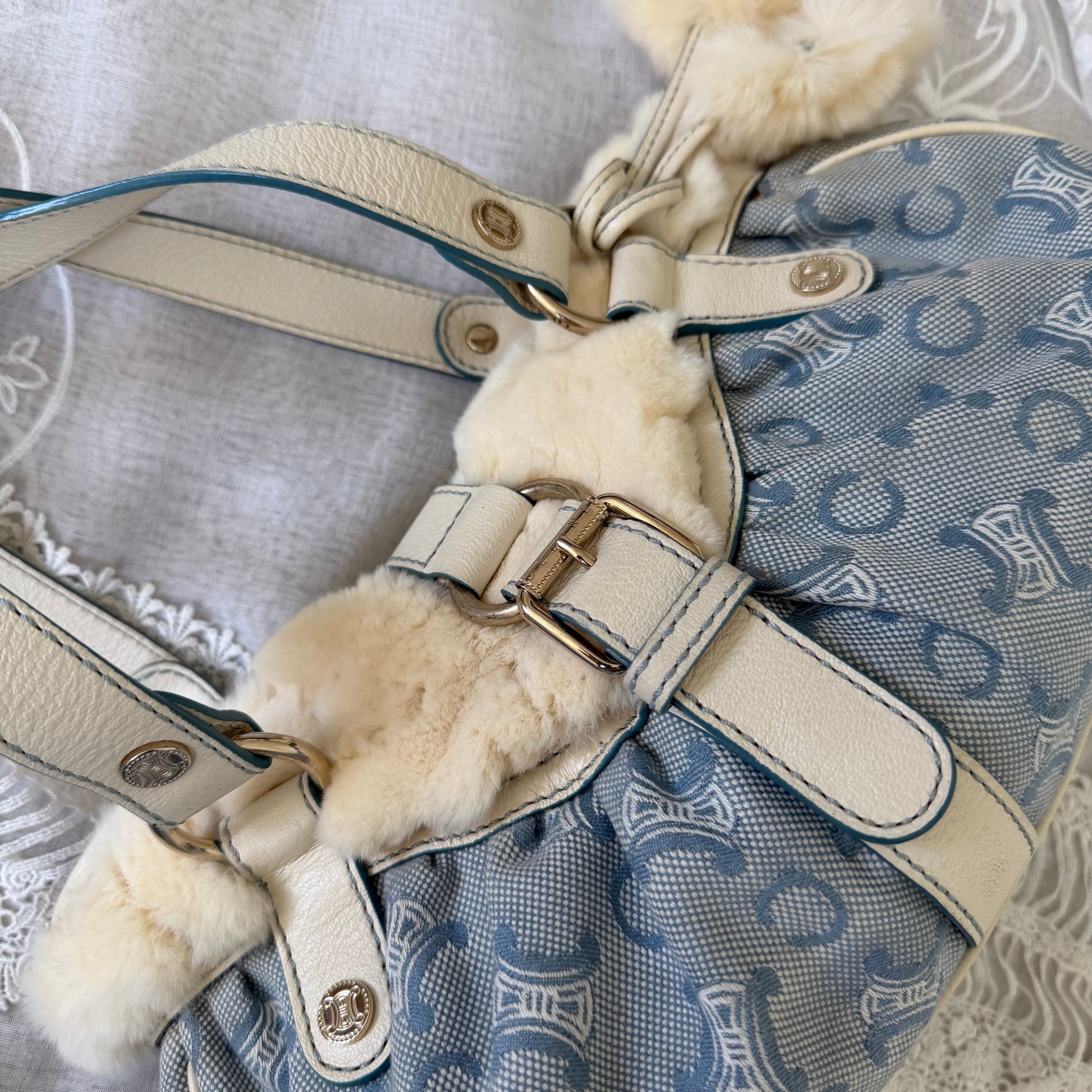 xovintage celine rare vintage fur-detailed lily c pompom blue bag - Handbags
