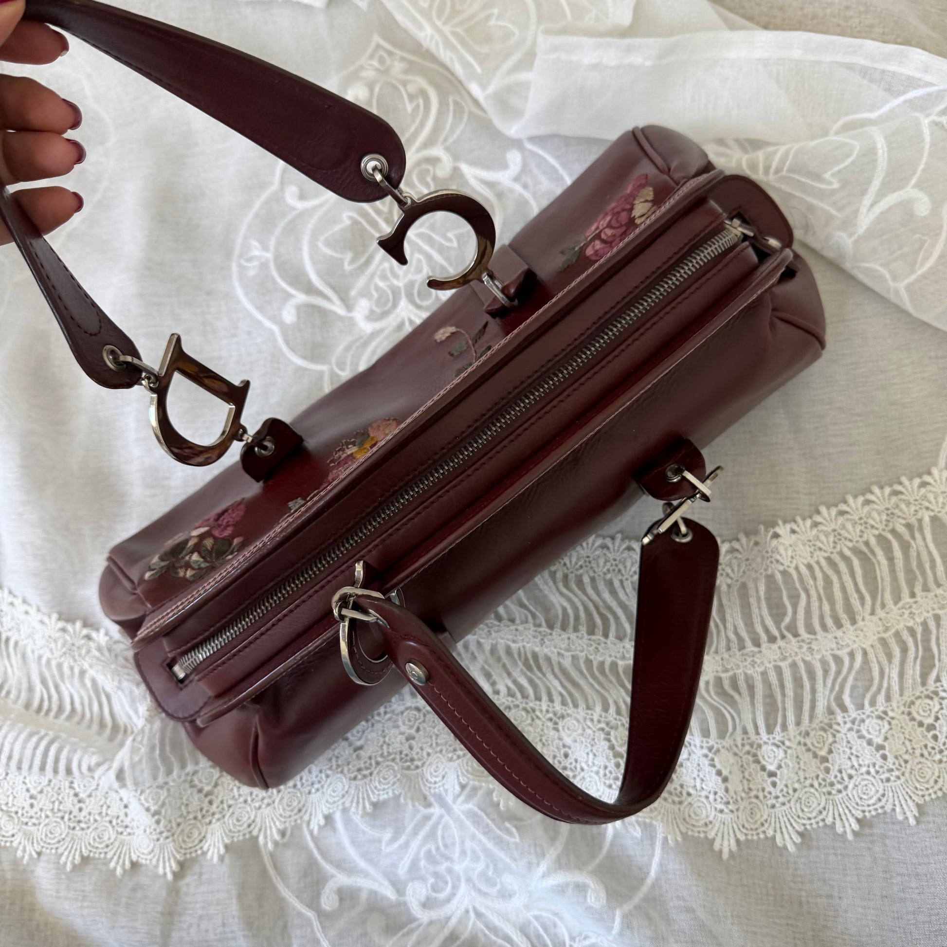 xovintage dior ultra rare embroidered leather floral bag - Uncategorized