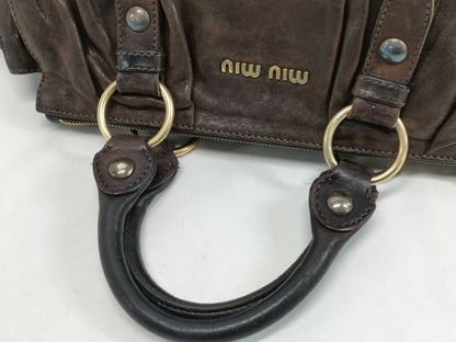 MIU MIU VINTAGE DARK BROWN LEATHER RUCHED VITELLO BAG