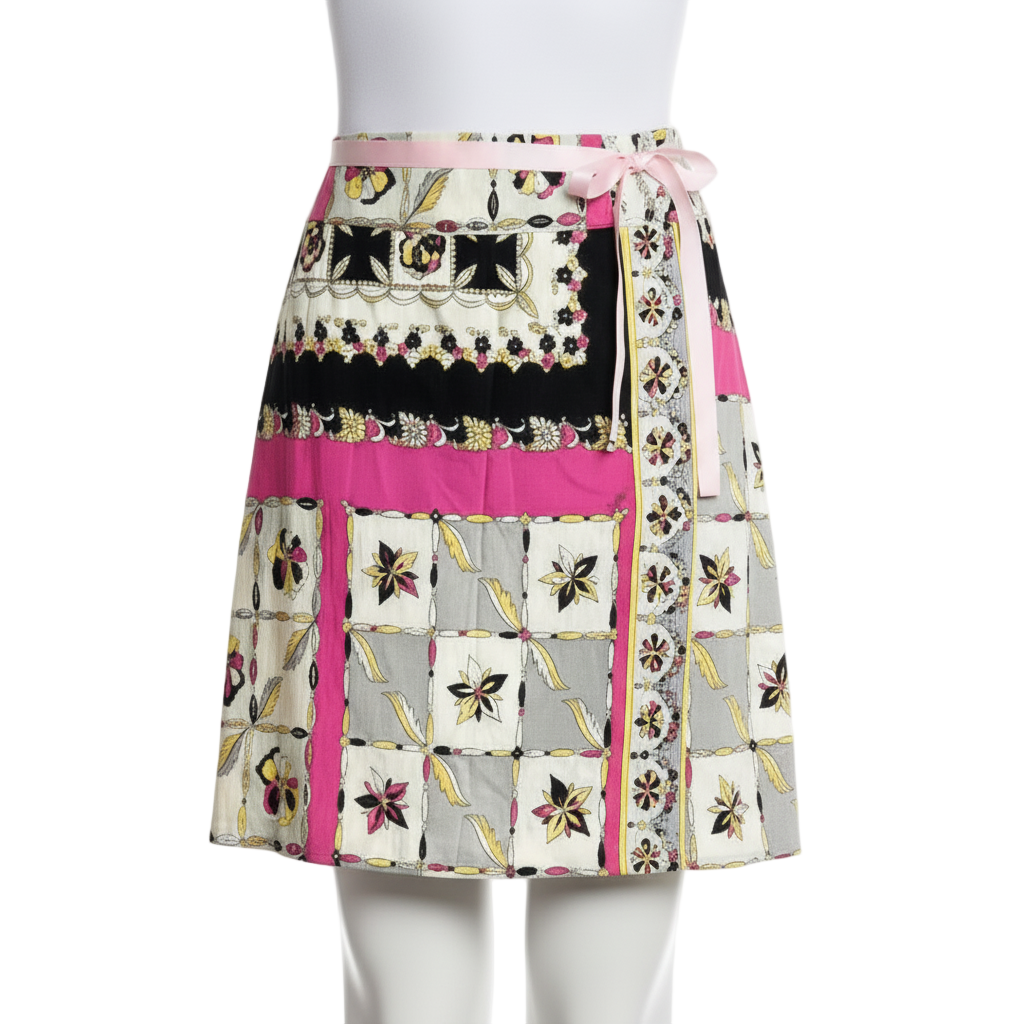Colorful skirt with floral and geometric pattern on a white background