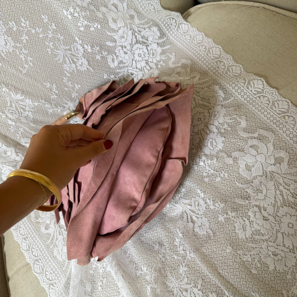 xovintage VINTAGE YVES SAINT LAURENT RARE TIERED RUFFLE SUEDE ST. TROPEZ MOMBASA SHOULDER BAG IN DUSTY PINK - Handbags