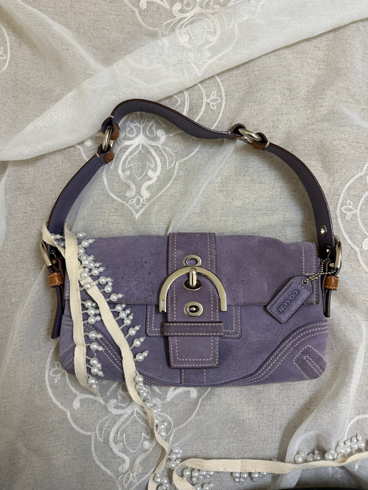 xovintage Vintage Coach Lavender Soho Suede Buckle Flap Shoulder Bag - Handbags