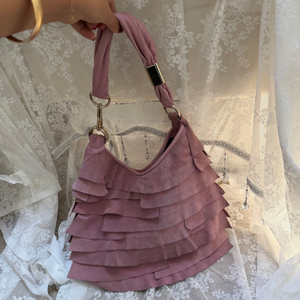 YVES SAINT LAURENT RIVE GAUCHE (TOM FORD ERA) VINTAGE PINK SUEDE SAINT-TROPEZ TIERED RUFFLE BAG