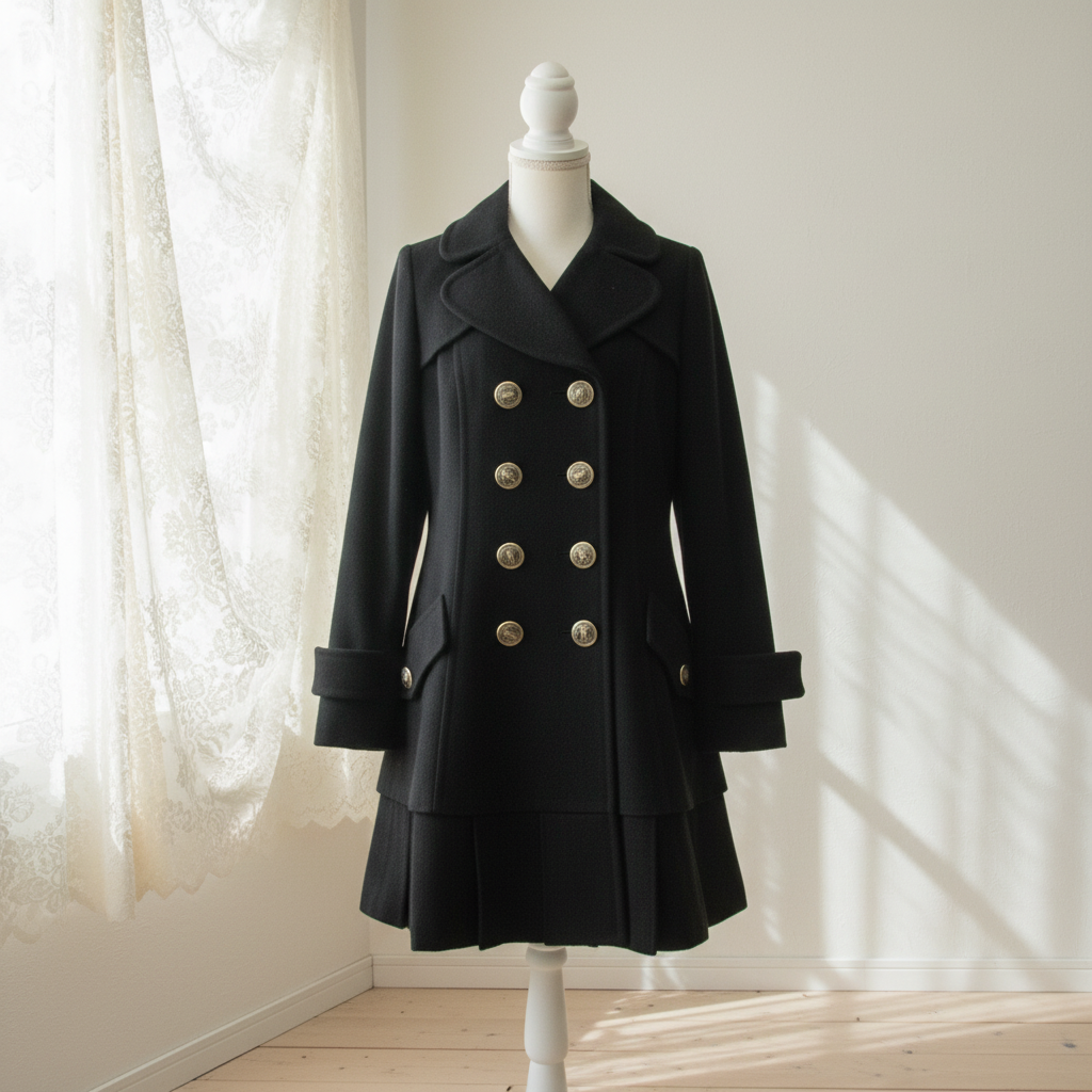 Black coat with gold buttons on a mannequin against a neutral background